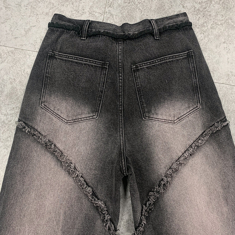 Street Fashion Retro Jeans with Distressed Edges, Straight-Leg Unisex Jeans, Stylish and Slimming