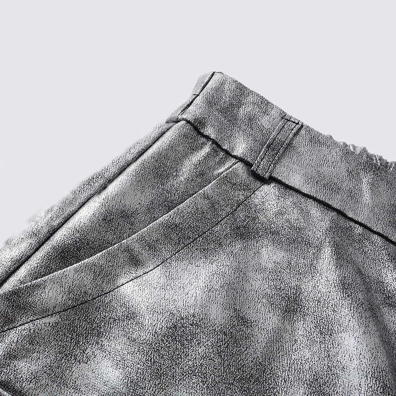 Personality Trend Retro silver Men's High Street Loose Metal Texture Straight Long Pants Workwear Durable Urban Fashion