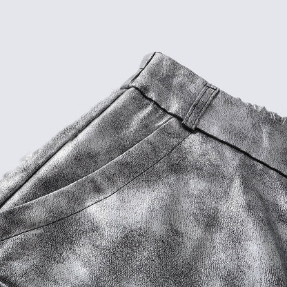 Personality Trend Retro silver Men's High Street Loose Metal Texture Straight Long Pants Workwear Durable Urban Fashion