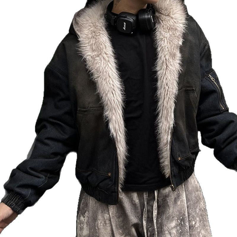 GUO WEAR2024New Winter Washed Denim Cotton Jacket with Fleece Lining American Street Style Wasteland Cotton Jacket