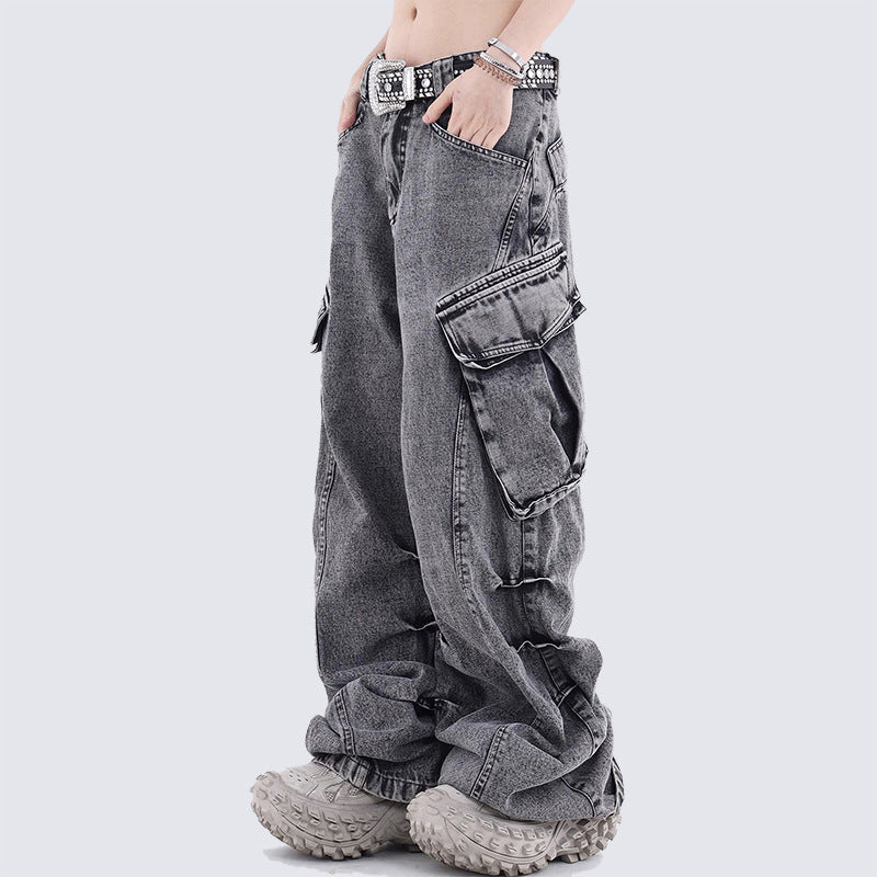 American Retro Washed Vintage Design Pocket Cargo Stacked Wide-Leg Straight Jeans