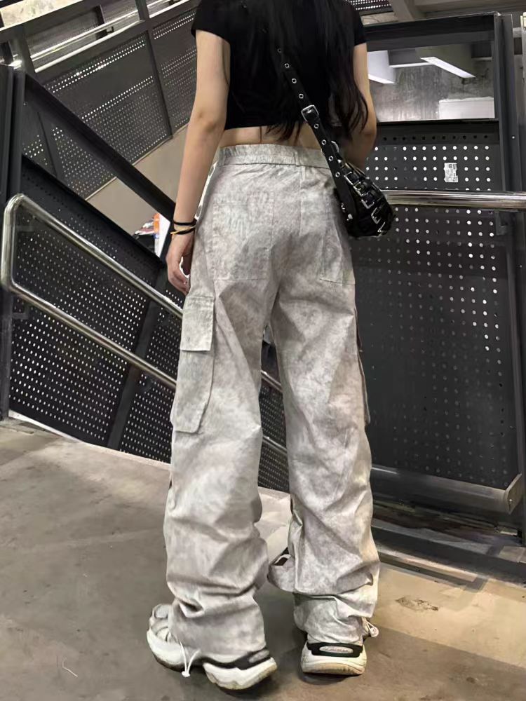 Cross-Border American Style Dirty Gray Street Dance Wide-Leg Cargo Pants Unisex Straight-Leg Casual Pants Ribbon Hip-Hop High Street Floor-Length Pants