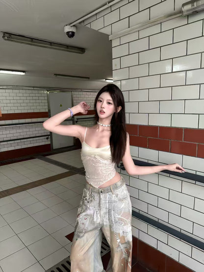 Cross-Border Heavy Industry Chain Print Jeans for Men and Women Summer American Style Straight-Leg Floor-Length Pants