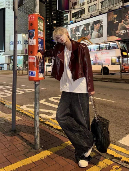 European and American Heavy Industry Angora Red High-End Feel pu Leather Motorcycle Jacket for Men and Women