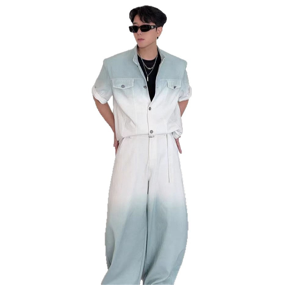 Gradient Short Sleeve Denim Suit for Men2025Summer Loose Casual Scimitar Wide-Leg Pants Jacket Set