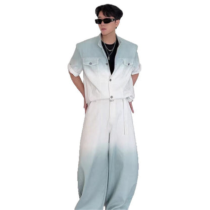Gradient Short Sleeve Denim Suit for Men2025Summer Loose Casual Scimitar Wide-Leg Pants Jacket Set