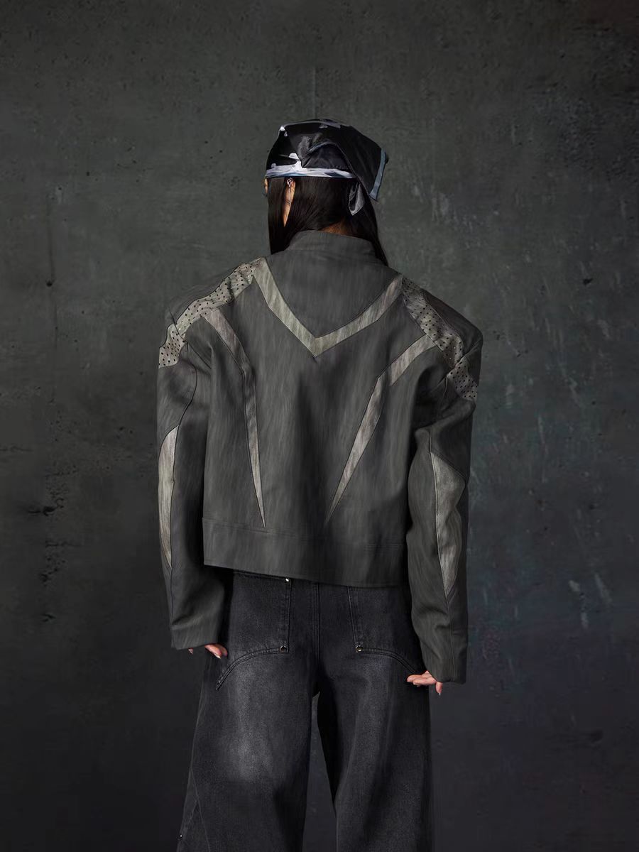 European and American High Street Heavy Craft Personality Deconstructed Split Spliced Design Motorcycle Leather Jacket Stand Collar Windproof Coat