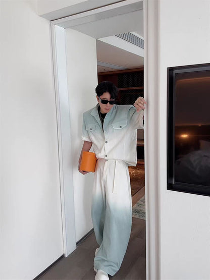 Gradient Short Sleeve Denim Suit for Men2025Summer Loose Casual Scimitar Wide-Leg Pants Jacket Set