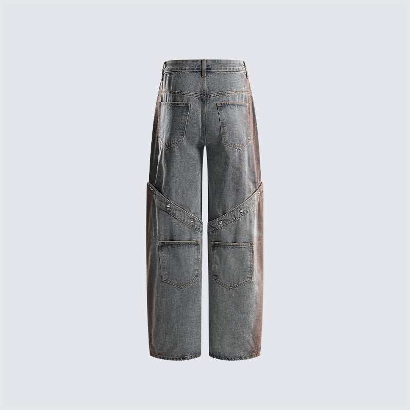 Fashion Trend Retro Jeans Multifunctional detachable pocket design straight-leg pants Unisex Loose Fit