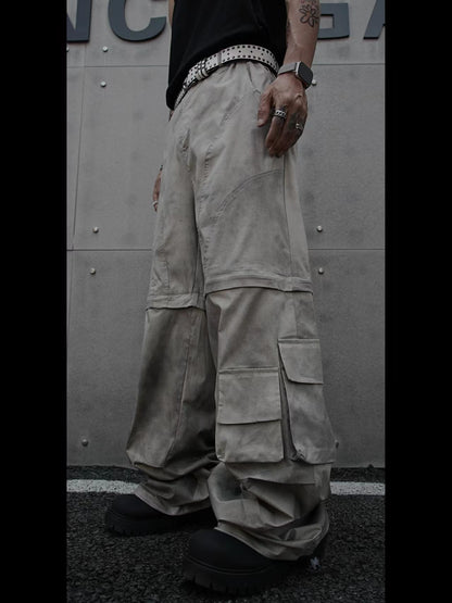 European and American Style Long Design Sense Wasteland Vintage Dirty Dyed Cargo Pants for Men and Women with Detachable Multi-Pocket Zipper Hip-Hop Street Dance
