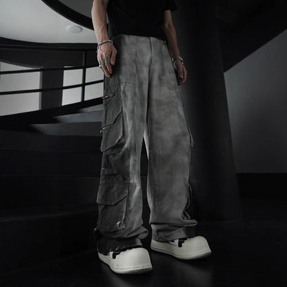 American Retro Wasteland Washed Vintage Multi-Pocket Cargo Pants Unisex Trendy Loose Straight Wide-Leg Casual Long Pants