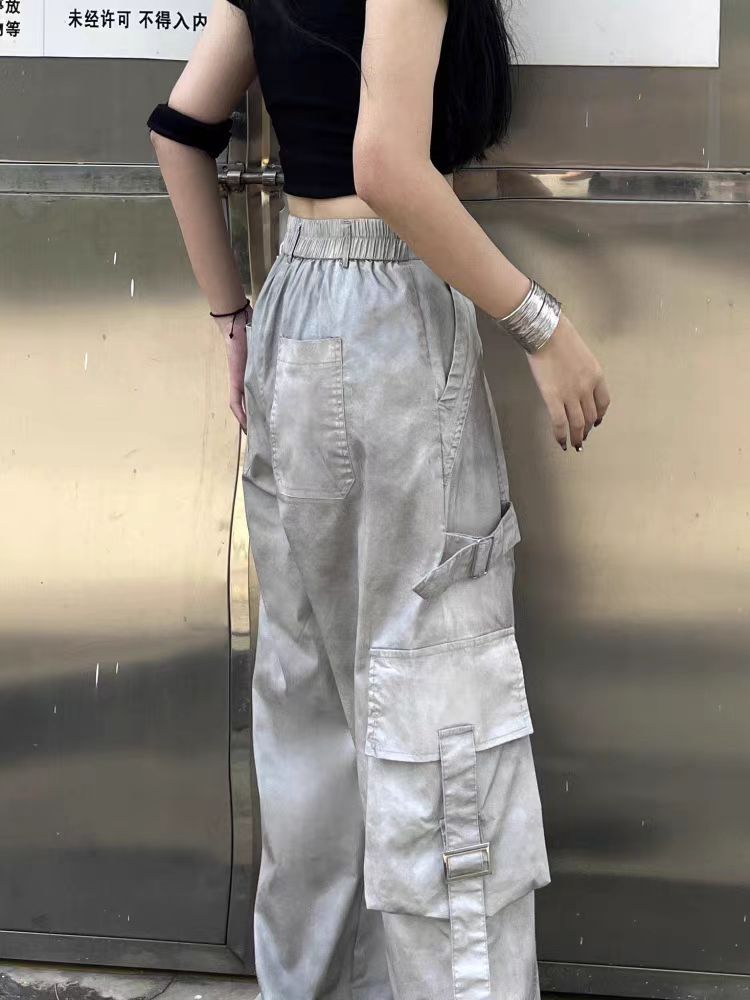 American Style Dirty Gray Wide-Leg Cargo Pants for Men and Women with Ribbon Jazz Hip-Hop High Street hiphop Straight-leg pants