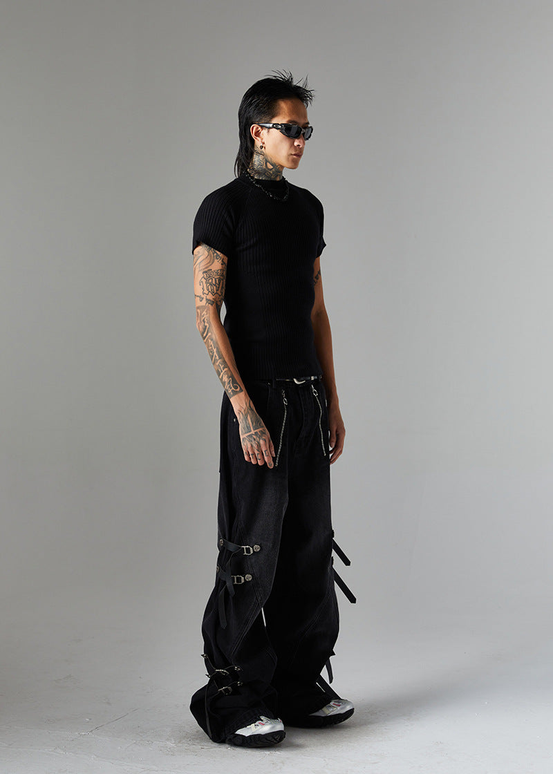 Trendy High Street Loose Retro Straight-Leg Drawstring Cargo Pants Men's Street Style Y2K Zipper Decorated Jeans