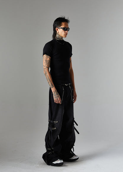 Trendy High Street Loose Retro Straight-Leg Drawstring Cargo Pants Men's Street Style Y2K Zipper Decorated Jeans