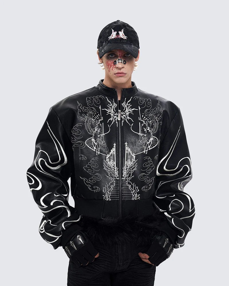 Gothic Style Embroidered Short Leather Jacket for Men and Women, Autumn Stand Collar Motorcycle Short Sleeve Jacket