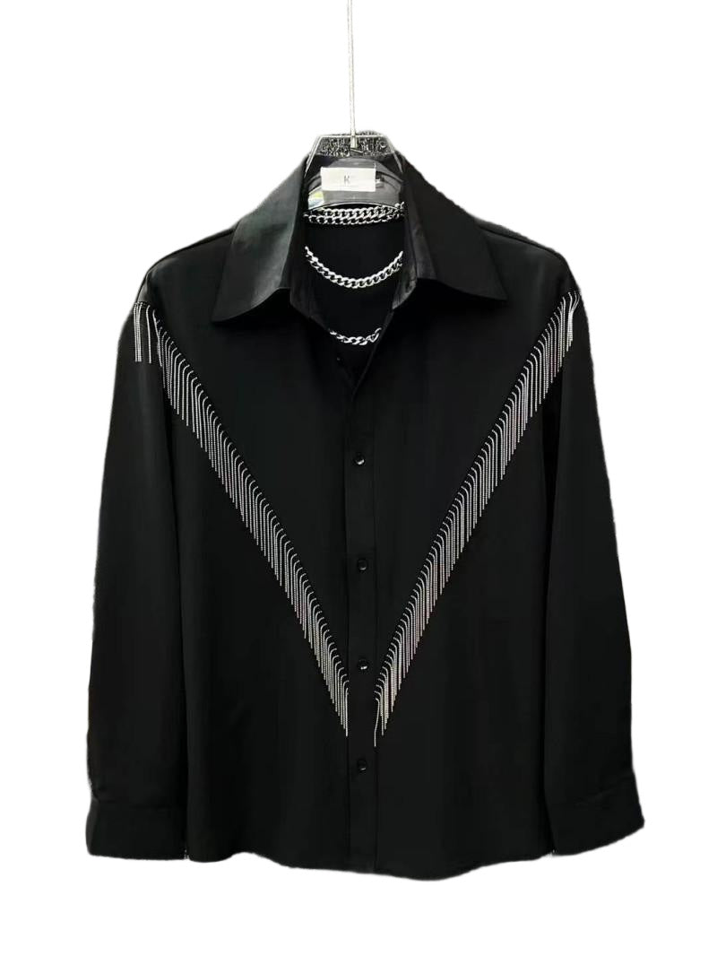 High-end Stylish Design Black Long Sleeve Shirt for Men Spring Summer New Korean Version Casual Patchwork Tassel Shirt