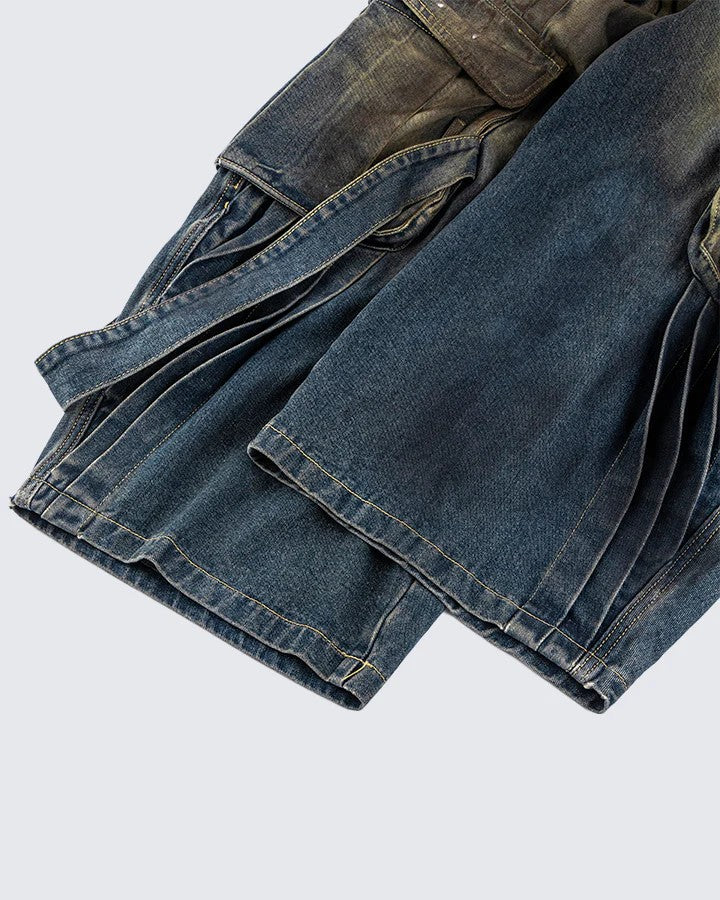 European and American Heavy Washed Multi-Pocket Jeans for Men Street Retro Loose Vintage Design Wide-Leg Floor-Length Pants