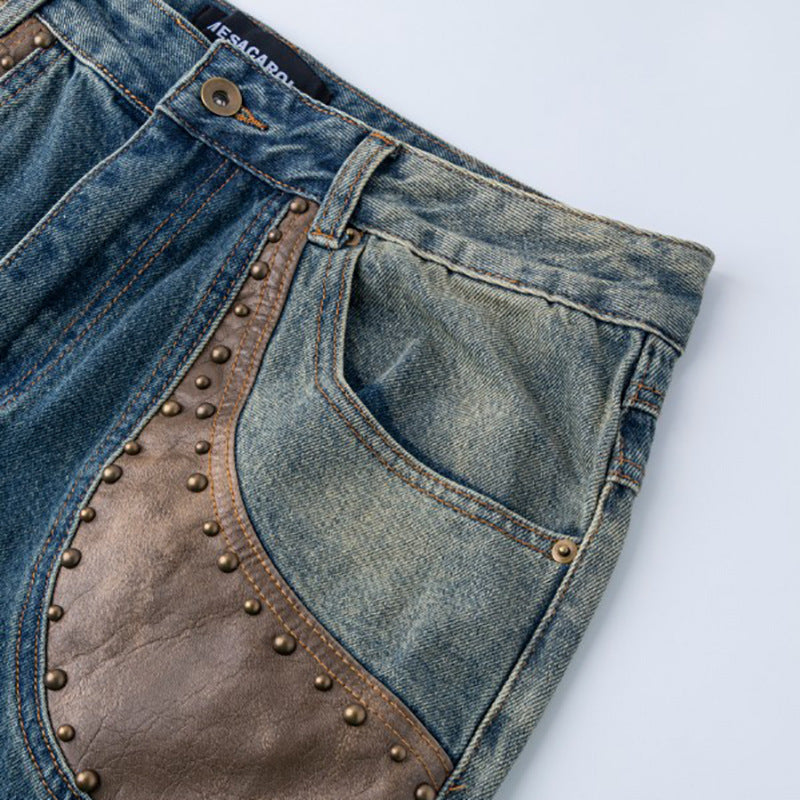 2025Spring New Vintage Patchwork Rivet Decor Loose Wide-Leg Jeans Distressed Slimming Street Style Versatile