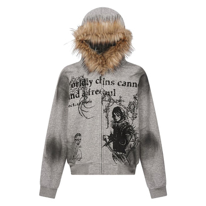 GUO WEAR  American Retro Hip-Hop Street Style Fur Collar Hooded Cardigan Sweatshirt for Men and Women, Autumn and Winter Trendy Brand