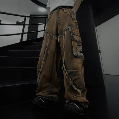 American Retro Original Patchwork Niche Design Jeans Distressed Frayed Edge Star Loose Straight Jeans