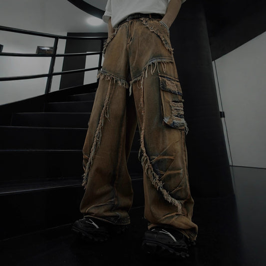 American Retro Original Patchwork Niche Design Jeans Distressed Frayed Edge Star Loose Straight Jeans