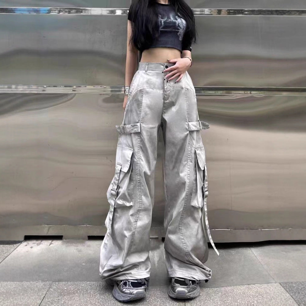 American Style Dirty Gray Wide-Leg Cargo Pants for Men and Women with Ribbon Jazz Hip-Hop High Street hiphop Straight-leg pants