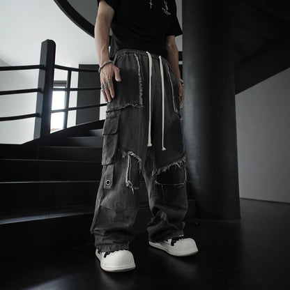 European and American High Street Heavy Wash Vintage Jeans for Men and Women Multi-Pocket Patchwork Frayed Edge Distressed Straight Casual Pants