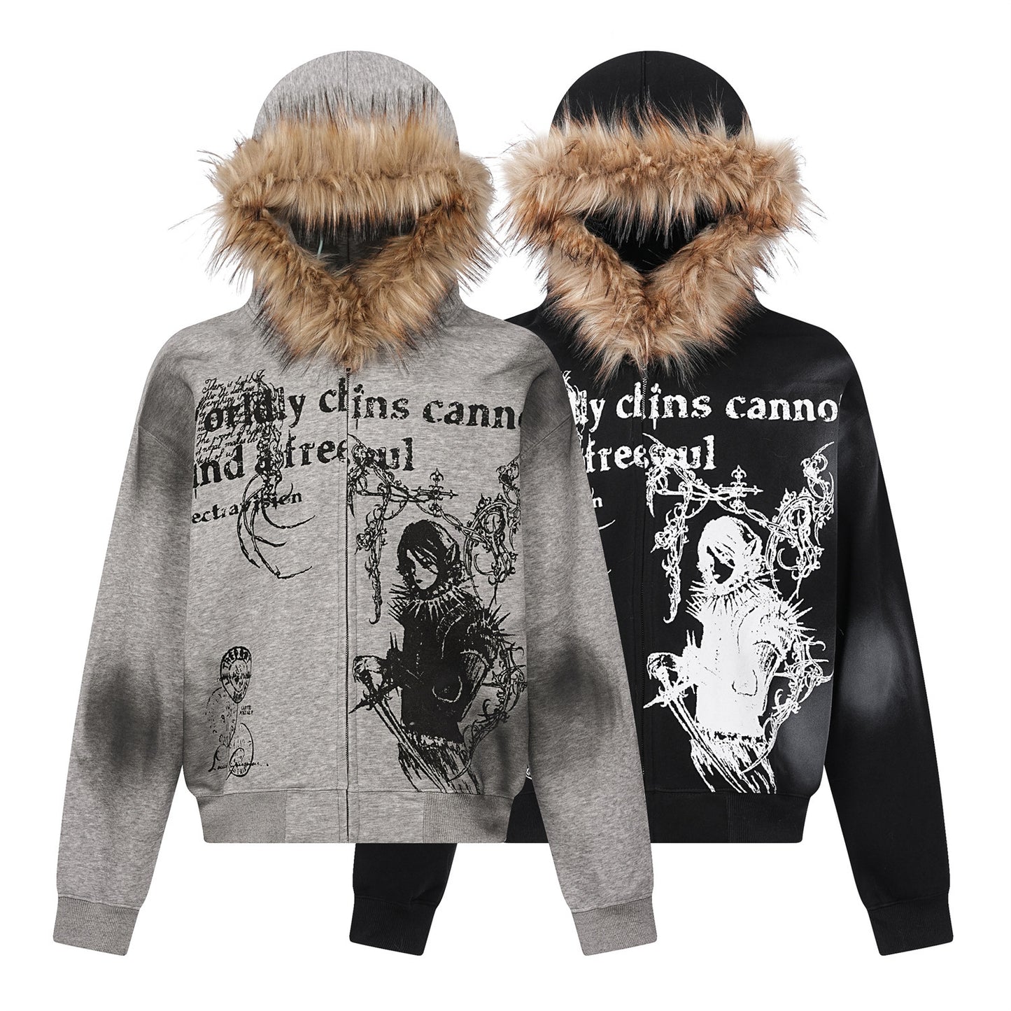 GUO WEAR  American Retro Hip-Hop Street Style Fur Collar Hooded Cardigan Sweatshirt for Men and Women, Autumn and Winter Trendy Brand