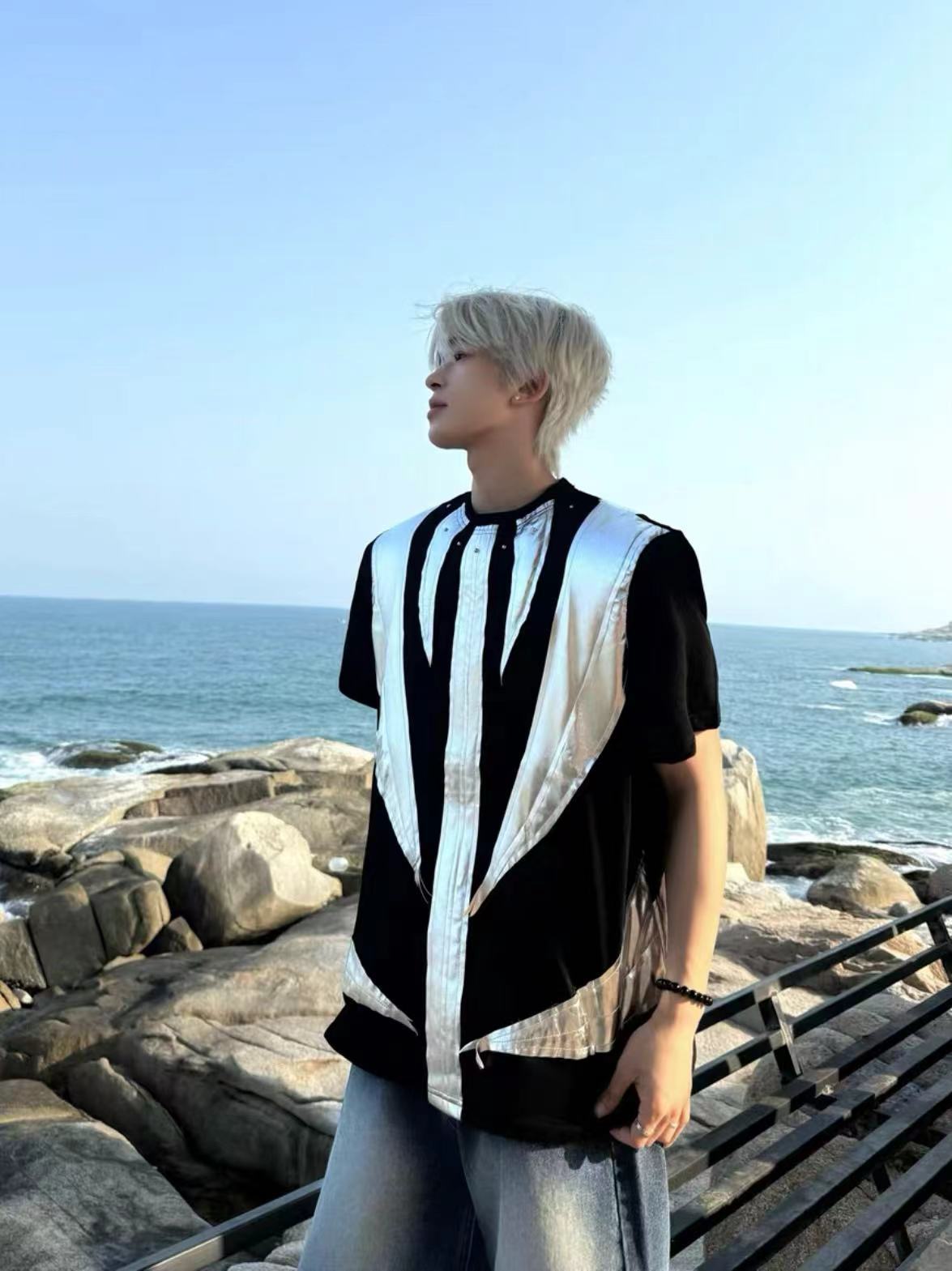 2025Summer New Men's High Street ins Wind Short Sleeve Stylish Color Block Design T T-shirt Breathable