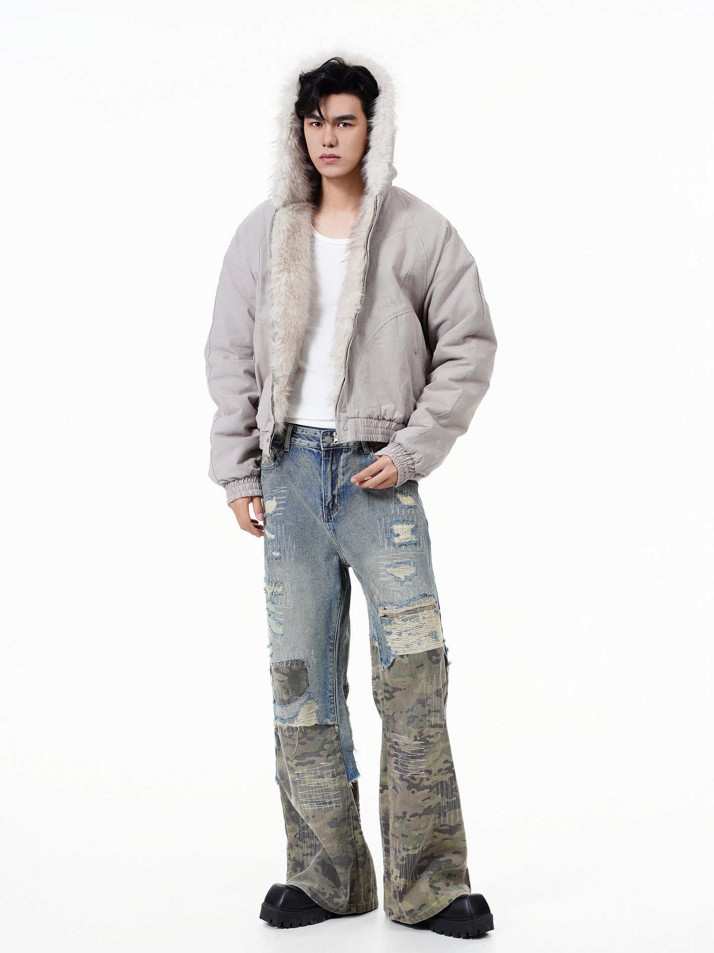 GUOWEAR Pearl Canvas Mountain Eagle Fleece-Lined Jacket American Street Wasteland Style Cotton Coat Men's Fleece-Lined Thickened Jacket