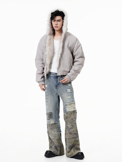 GUOWEAR Pearl Canvas Mountain Eagle Fleece-Lined Jacket American Street Wasteland Style Cotton Coat Men's Fleece-Lined Thickened Jacket