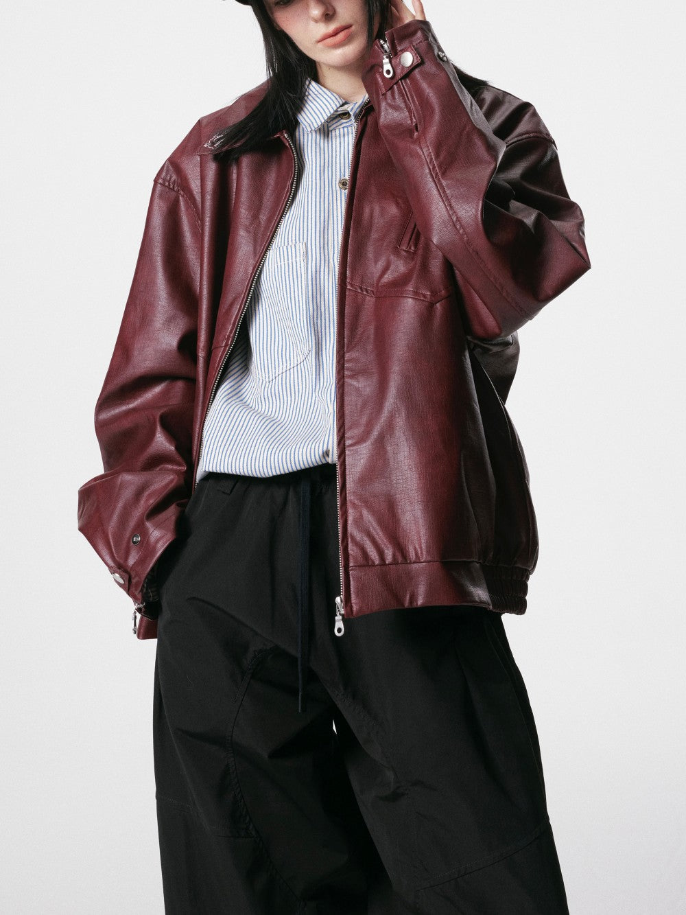 European and American Heavy Embroidery Lapel Loose Short Zipper Leather Jacket Coat