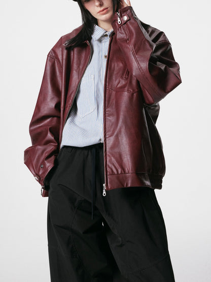 European and American Heavy Embroidery Lapel Loose Short Zipper Leather Jacket Coat