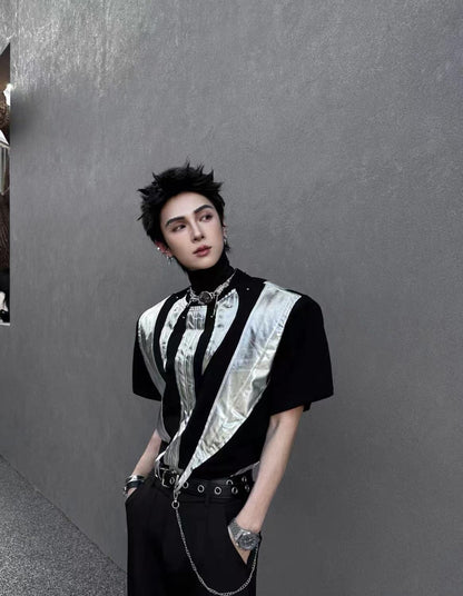 2025Summer New Men's High Street ins Wind Short Sleeve Stylish Color Block Design T T-shirt Breathable