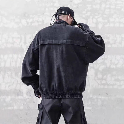 American Original Dark Style Retro Washed Padded Shoulder Distressed Denim Jacket for Men Spring and Autumn Workwear Stand Collar Jacket