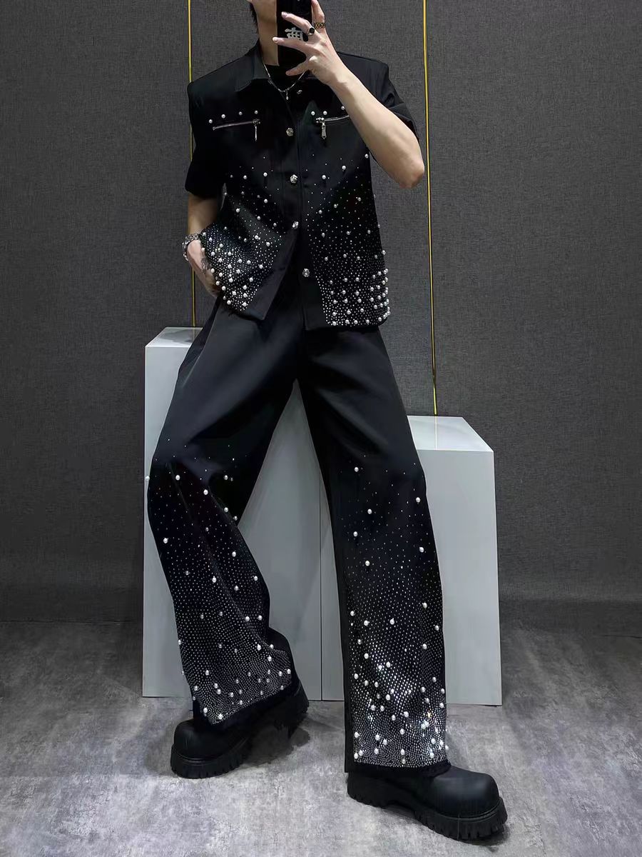 Heavy Industry Niche Rhinestone Metal Black Short Sleeve Jacket Summer New Style Cool Coat Wide Leg Pants Two-Piece Set