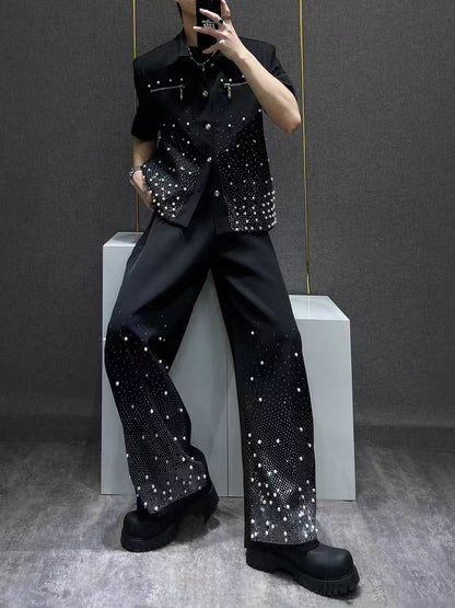 Heavy Industry Niche Rhinestone Metal Black Short Sleeve Jacket Summer New Style Cool Coat Wide Leg Pants Two-Piece Set