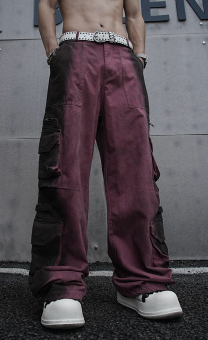 American Retro Wasteland Washed Vintage Multi-Pocket Cargo Pants Unisex Trendy Loose Straight Wide-Leg Casual Long Pants