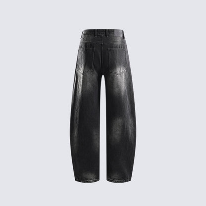 Hip-hop trend high-waisted loose straight jeans for ladies, featuring retro water-washed design, suitable for autumn and winter, new style casual pants with distressed effect and slight stretchiness.