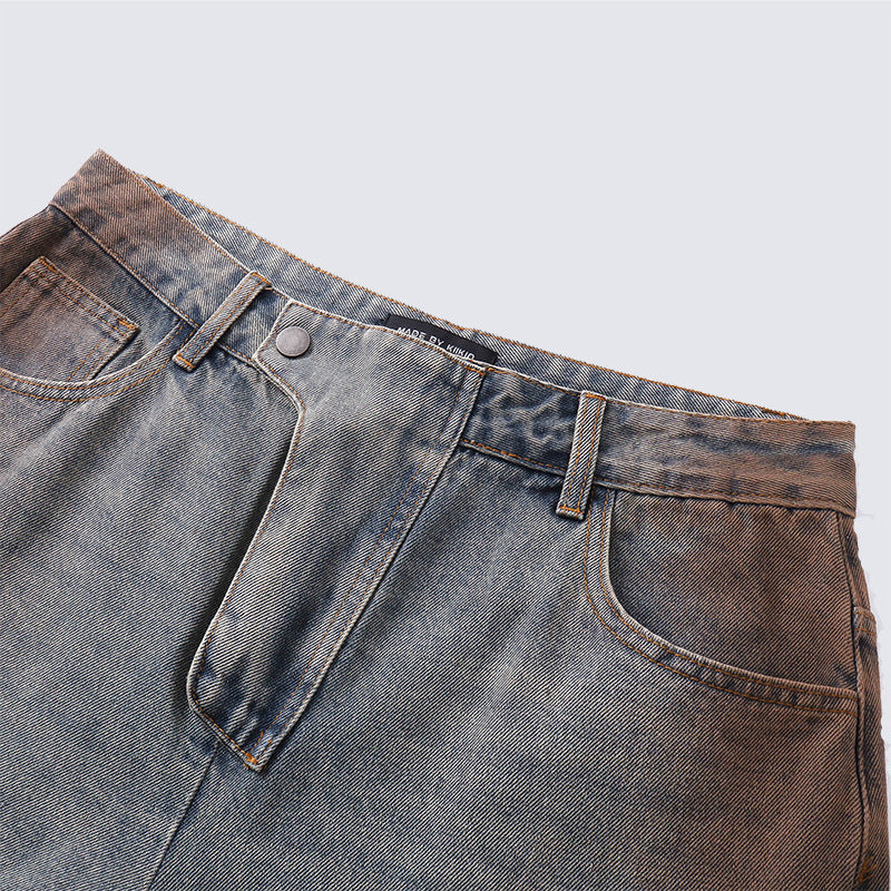 Fashionable retro jeans with multi-functional detachable pocket design, straight-leg pants suitable for both men and women, for relaxed and casual wear.