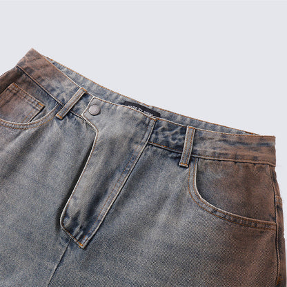 Fashionable retro jeans with multi-functional detachable pocket design, straight-leg pants suitable for both men and women, for relaxed and casual wear.