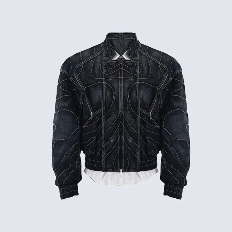 High Street Functional Style Patchwork Embroidered Distressed Denim Jacket Outerwear with 3D Draping Design Short Jacket Fashion Brand