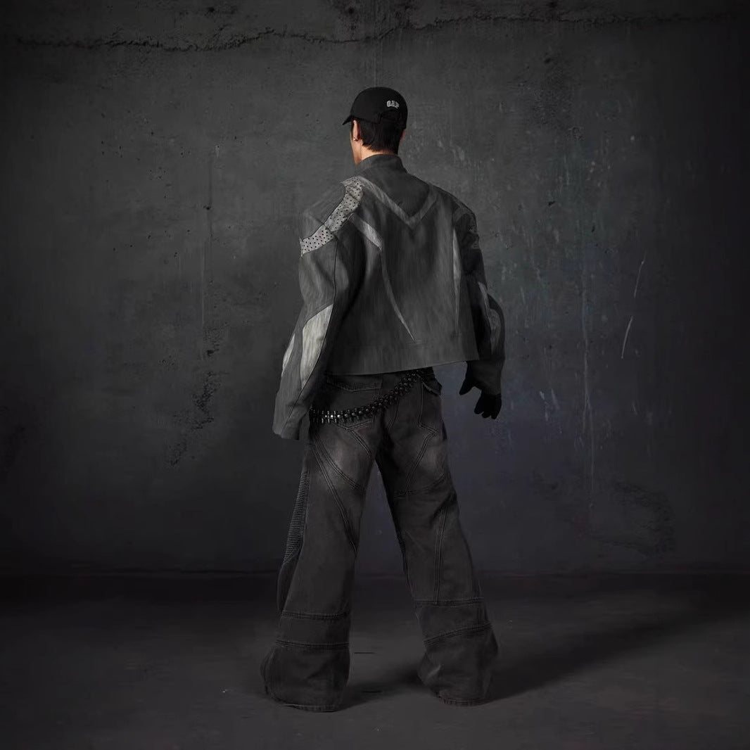 European and American High Street Heavy Craft Personality Deconstructed Split Spliced Design Motorcycle Leather Jacket Stand Collar Windproof Coat