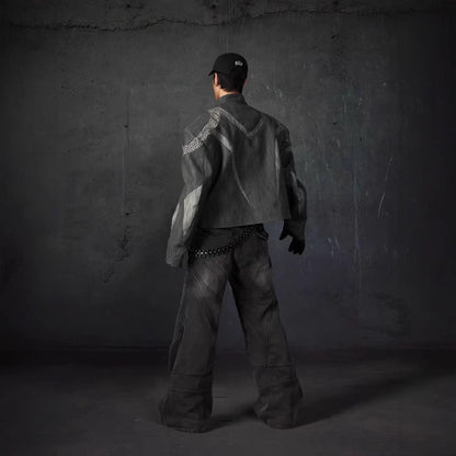 European and American High Street Heavy Craft Personality Deconstructed Split Spliced Design Motorcycle Leather Jacket Stand Collar Windproof Coat