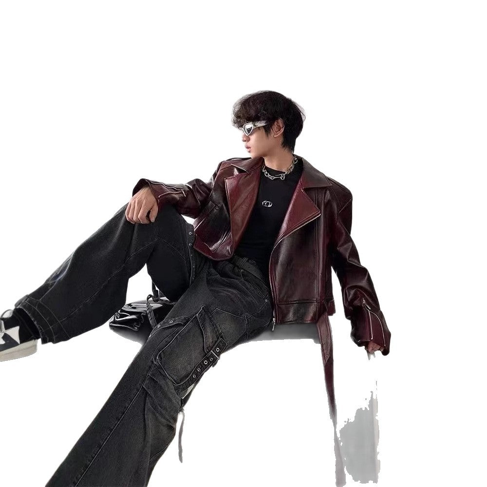 European and American Heavy Industry Angora Red High-End Feel pu Leather Motorcycle Jacket for Men and Women