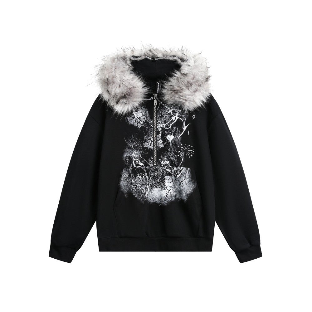 European and American Style Autumn Winter Fleece Hat Sweatshirt Hip Hop Printed Pattern Pullover Hoodie Street Fashion y2k Coat