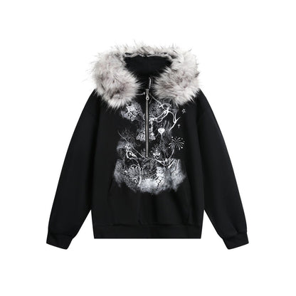 European and American Style Autumn Winter Fleece Hat Sweatshirt Hip Hop Printed Pattern Pullover Hoodie Street Fashion y2k Coat