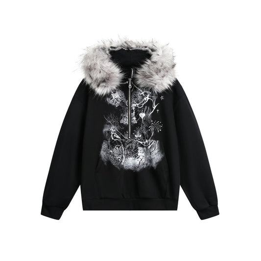 European and American Style Autumn Winter Fleece Hat Sweatshirt Hip Hop Printed Pattern Pullover Hoodie Street Fashion y2k Coat