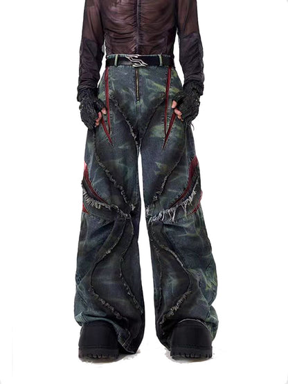 European and American High Street Heavy Craft Snowflake Scimitar Jeans for Men Spring Frayed Edge Patchwork Mesh Wide-Leg Pants