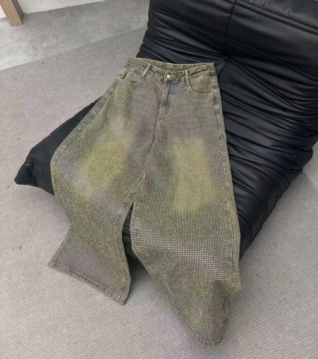 Summer New Crystal Shiny Diamond Straight-Leg Pants Extra Long Denim Floor-Length Pants Shiny Diamond Long Pants New High-Waisted Slimming Style